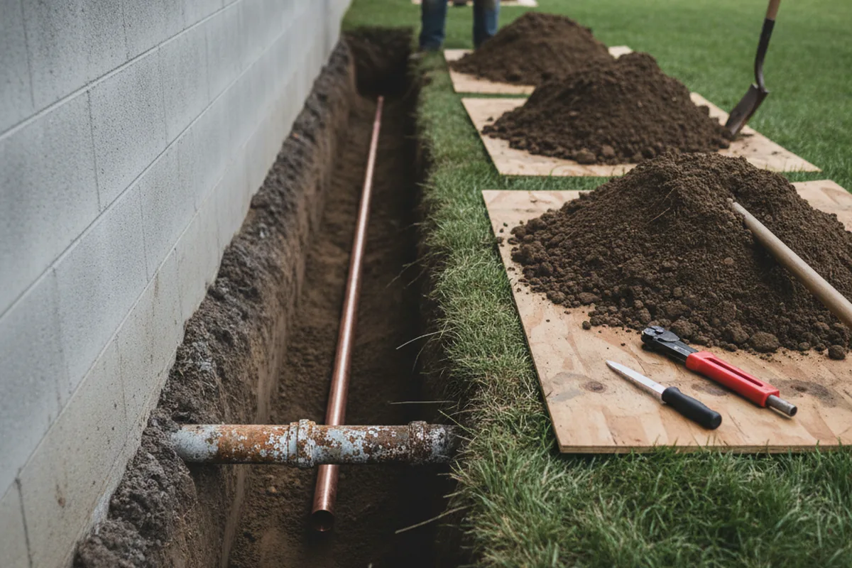 Excavated water line trench during Water Softener Installation in Floyds Knobs